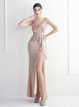 Sequins V-neck Beading Split Prom Dress