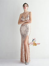 Spaghetti Straps Mermaid Sequins Split Prom Dress