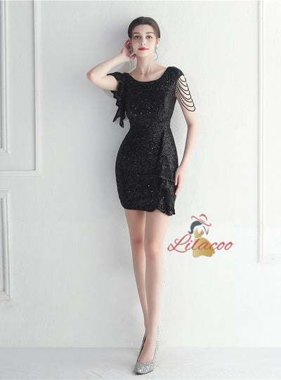 Scoop Neck Sequins Mini Prom Dress