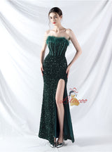Mermaid Sequins Strapless Split Prom Dress