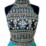 Blue Satin High Neck Beading Homecoming Dress