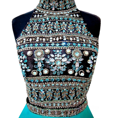 Blue Satin High Neck Beading Homecoming Dress