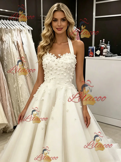 White Tulle Halter Appliques Wedding Dress