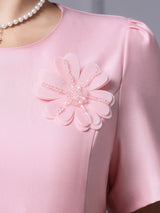 Pink Satin Short Sleeve Beading Mother Of The Bride Dress