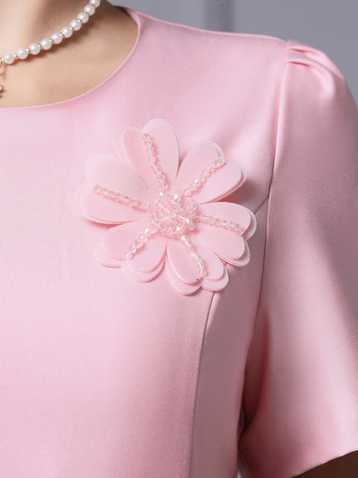 Pink Satin Short Sleeve Beading Mother Of The Bride Dress