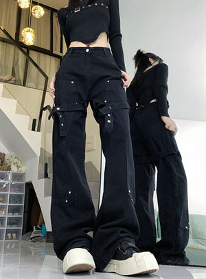 Black Bell Slim Straight Overalls Pant Jeans