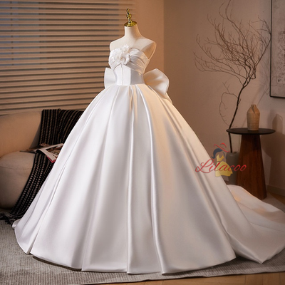 White Satin Strapless Bow Pleats Flower Wedding Dress