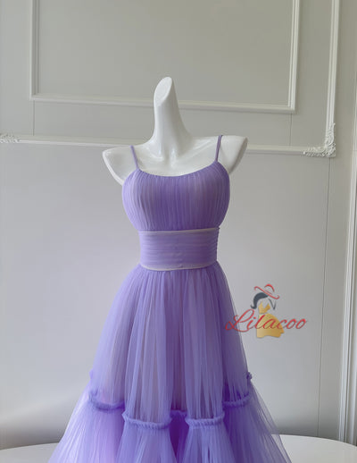 Purple Tulle Straps Pleats Prom Dress