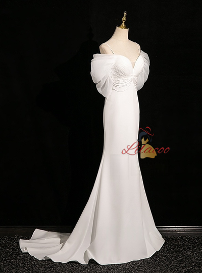 White Mermaid Straps Pearls Wedding Dress