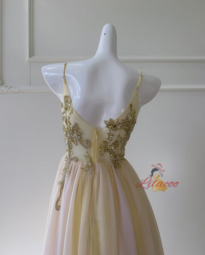 Champagne Tulle Straps Beading Prom Dress