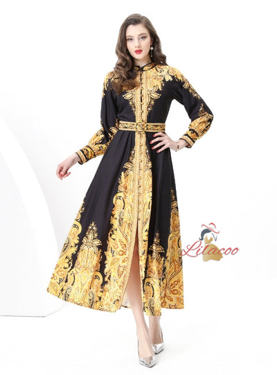 Retro National Print Slim Breasted Dress