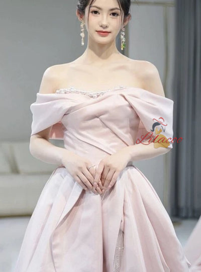 Pink Satin Tulle Pearls Prom Dress