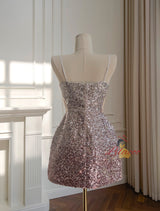 Silver Pink Sequins Straps Short Prom Dress