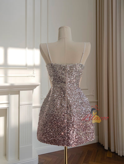 Silver Pink Sequins Straps Short Prom Dress