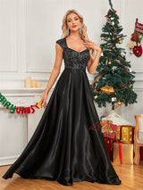 Black Satin Sequins Long Prom Dress