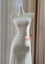 White Tulle Strapless Pleats Prom Dress