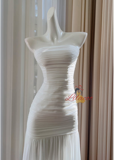 White Tulle Strapless Pleats Prom Dress