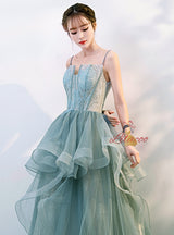Green Tulle Spaghetti Straps Prom Dress