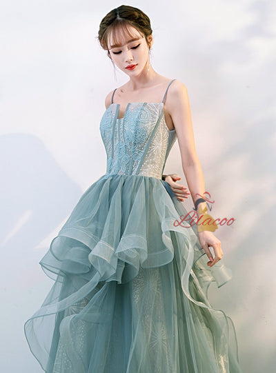 Green Tulle Spaghetti Straps Prom Dress