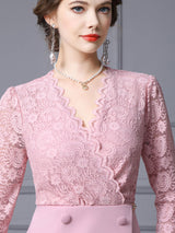 Pink Lace V-neck Long Sleeve Prom Dress