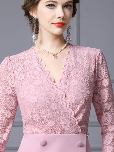 Pink Lace V-neck Long Sleeve Prom Dress