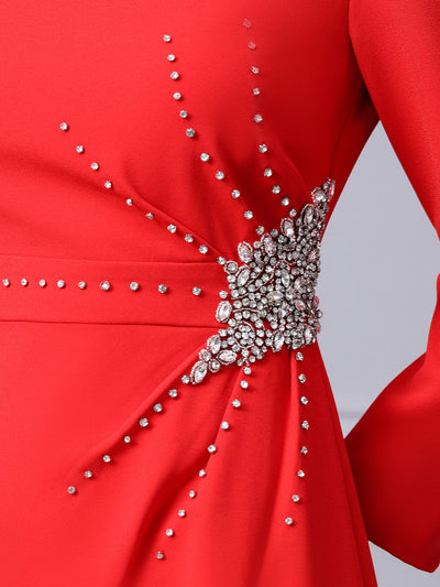 Red Long Sleeve Beading Crystal Mother Of The Bride Dress