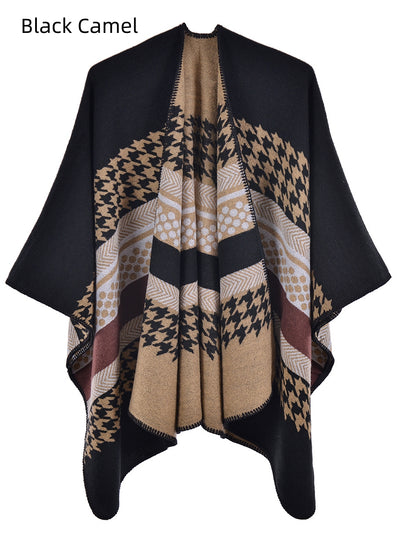 Retro Cashmere Striped Houndstooth Cloak Scarf