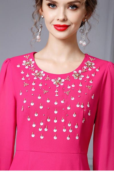 Fuchsia Long Sleeve Beading Mother Of The Bride Dress