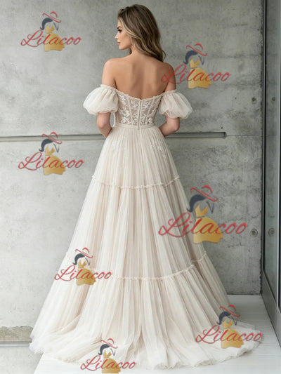 Ivory Tulle Lace Off the Shoulder Wedding Dress
