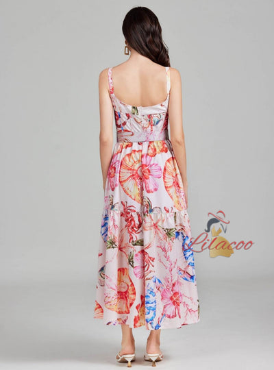 Holiday Pink Printed Seaside Suspender Flower Dress