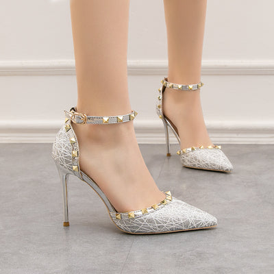 Thin-heeled Pointed Hollow Rivet Sandals