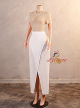 Champagne White Short Sleeve Pearls Prom Dress