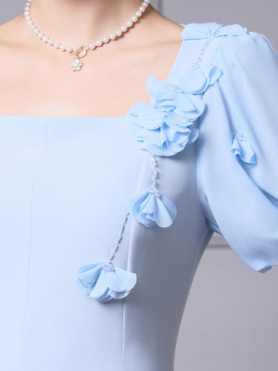 Puff Sleeve Flower Beading Mother Of The Bride Dress