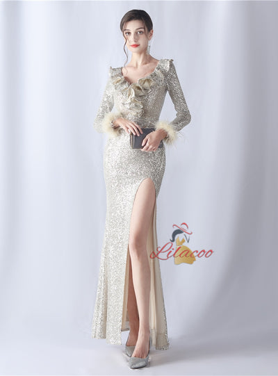 Long Sleeve V-neck Sequins Prom Dress
