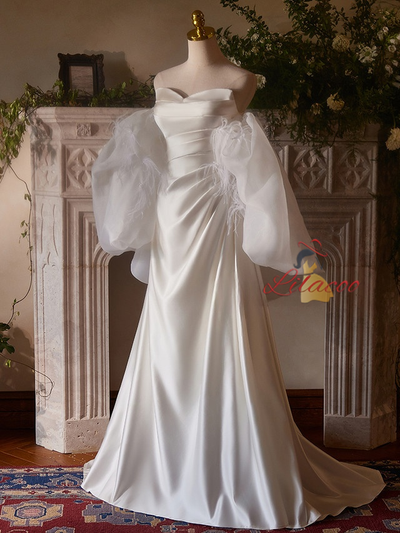 White Satin Pleats Strapless Wedding Dress