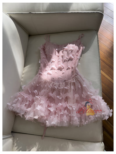 Pink Tulle Butterfly Straps Prom Dress