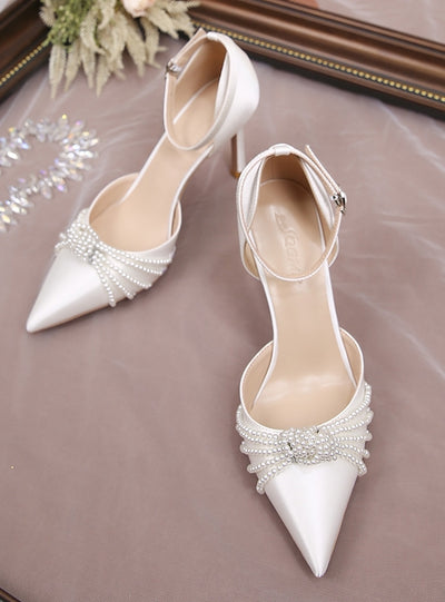 Sexy Satin Pearl Pointed Stiletto Heels Shoes