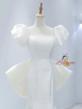 White Mermaid Satin Puff Sleeve Backless Wedding Dress