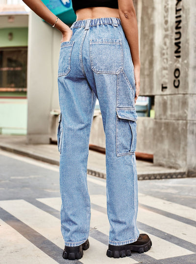 Retro Elastic Waist Denim Casual Pants