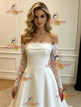 White Satin Lace Long Sleeve Wedding Dress