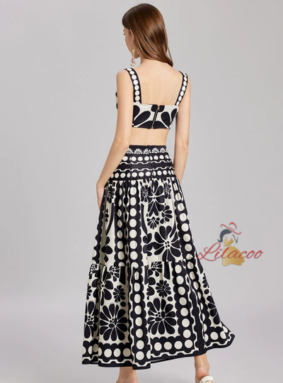 Polka-dot Sling Top+High Waist Skirt Ttwo-piece Suit