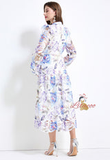 Hollow Lace Long Sleeve Printed Dress