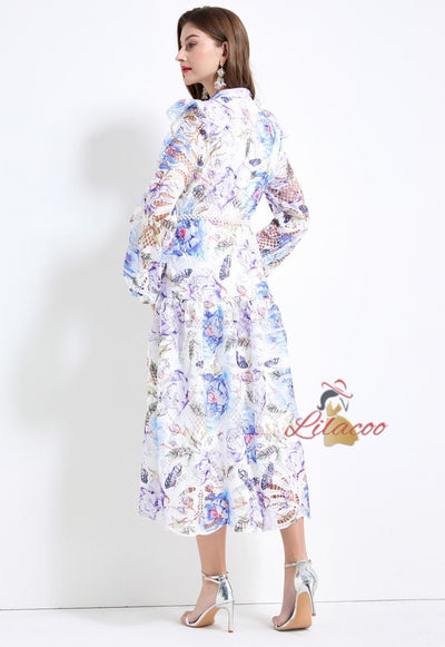 Hollow Lace Long Sleeve Printed Dress