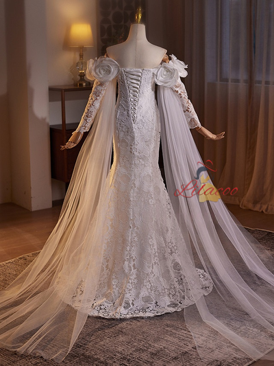 White Mermaid Lace Long Sleeve Wedding Dress