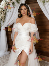 White Tulle Strapless Pleats Split Wedding Dress