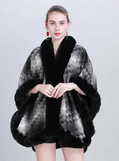 Plaid Padded Fur Collar Shawl Cloak