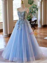 Blue Tulle Spaghetti Straps Appliques Prom Dress