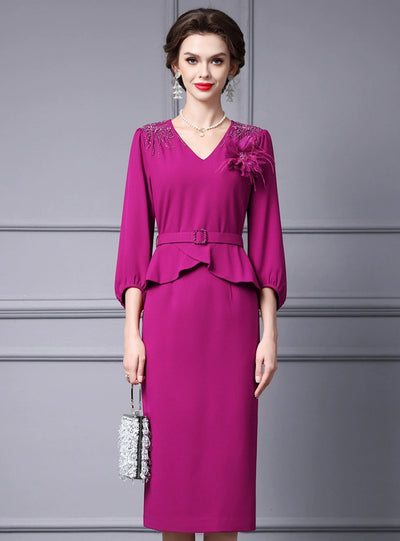 Pink V-neck Beading Flower Mother Of The Bride Dress