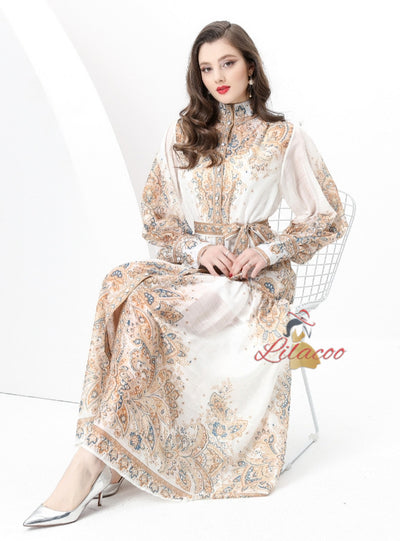 Palace Stand-up Printed Breasted Dress