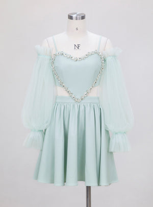 Mint Green Gauze Long Sleeve Short Slim Dress